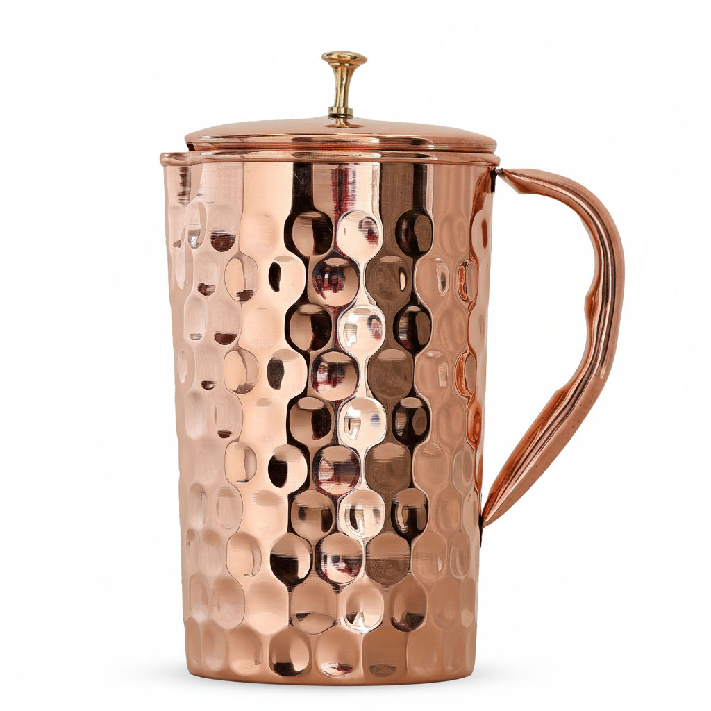 Pure copper diamond hammered jug with brass knob on lid fulldiamond, 1000 ML
